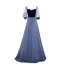 Elegant Ocean Blue Suede Pearl Prom Dresses 2021 A-Line / Princess Square Neckline 1/2 Sleeves Backless Floor-Length / Long Prom Formal Dresses