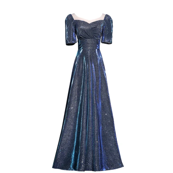 Scintillantes Océan Bleu Glitter Robe De Bal 2021 Princesse Encolure Carrée Manches Courtes Dos Nu Longue Promo Robe De Ceremonie