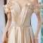 Fashion Champagne Satin Prom Dresses 2021 A-Line / Princess Ruffle Off-The-Shoulder Pearl Sash Short Sleeve Backless Floor-Length / Long Prom Formal Dresses