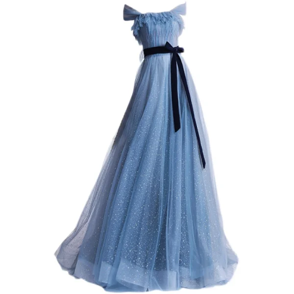 Chic / Beautiful Pool Blue Glitter Prom Dresses 2021 A-Line / Princess Off-The-Shoulder Short Sleeve Backless Bow Floor-Length / Long Prom Formal Dresses