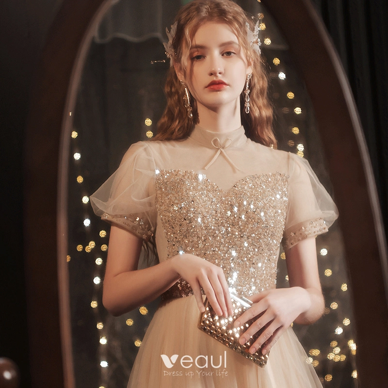 Charming Gold Star Sequins Prom Dresses 2021 A Line Princess High Neck Beading Short Sleeve Backless Bow Floor Length Long Prom Formal Dresses Charming Gold Star Sequins Prom Dresses 2021 A Line Princess High Neck Beading Short Sleeve Backless Bow Floor Length Long Prom Formal Dresses
