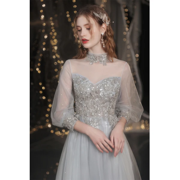 Elegant Grey Beading Evening Dresses Prom Dresses 2021 A-Line / Princess High Neck Appliques Lace Flower Pearl 3/4 Sleeve Backless Floor-Length / Long Prom Formal Dresses