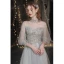 Elegant Grey Beading Evening Dresses  Prom Dresses 2021 A-Line / Princess High Neck Appliques Lace Flower Pearl 3/4 Sleeve Backless Floor-Length / Long Prom Formal Dresses