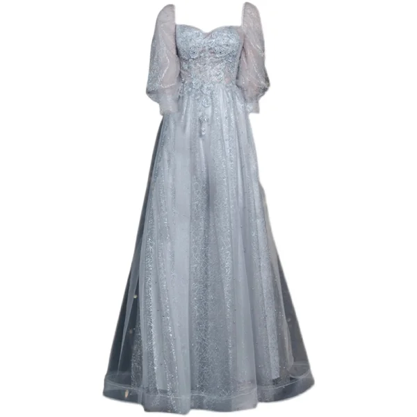 Glitzernden Silber Perlenstickerei Pailletten Strass Abendkleider Ballkleider 2021 A Linie Eckiger Ausschnitt Spitze Blumen 3/4 Ärmel Rückenfreies Lange Abend Ball Festliche Kleider
