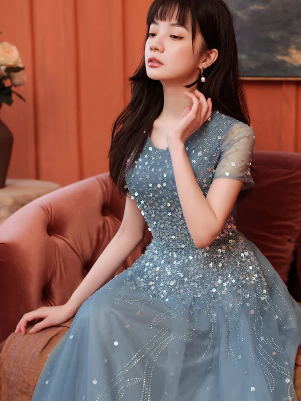 Sparkly Ocean Blue Prom Dresses 2021 A-Line / Princess Scoop Neck Star Sequins Rhinestone Short Sleeve Floor-Length / Long Prom Formal Dresses