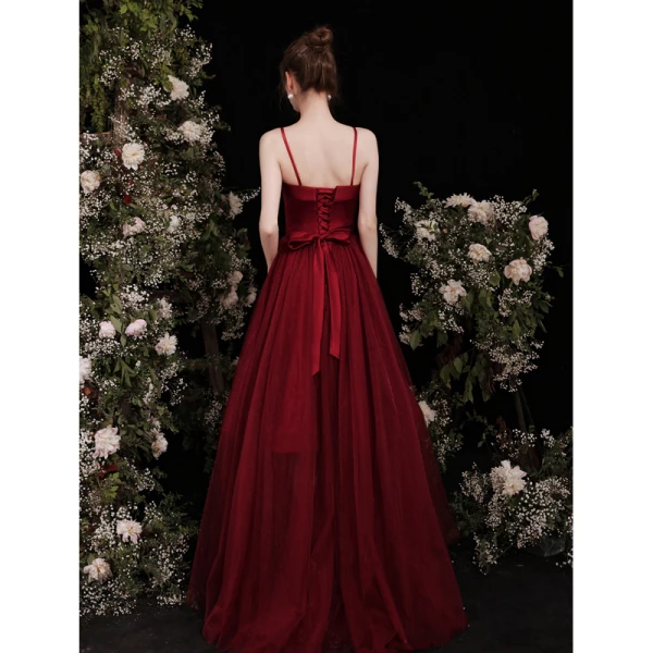Chic / Beautiful Burgundy Satin Prom Dresses 2021 A-Line / Princess Spaghetti Straps Sleeveless Backless Bow Floor-Length / Long Prom Formal Dresses