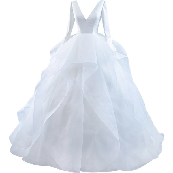 Vintage Weiß Satin Fallende Rüsche Brautkleider / Hochzeitskleider 2021 Ballkleid V-Ausschnitt Lange Ärmel Hof-Schleppe Hochzeit