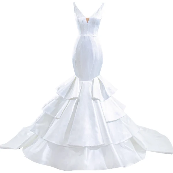 Haut de Gamme Ivoire Volants en Cascade Satin Robe De Mariée 2021 Trompette / Sirène V-Cou Sans Manches Dos Nu Tribunal Train Mariage