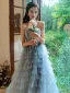 Chic / Beautiful Sky Blue Cascading Ruffles Prom Dresses 2021 A-Line / Princess Strapless Beading Appliques Short Sleeve Backless Floor-Length / Long Prom Formal Dresses