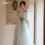 Modest / Simple Sky Blue Bridesmaid Dresses 2021 A-Line / Princess Short Sleeve Backless Bow Sash Floor-Length / Long Bridesmaid Wedding Party Dresses