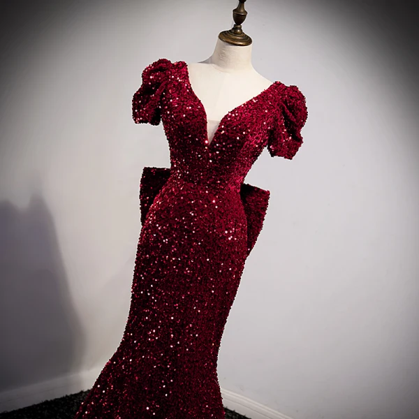 Sparkly Burgundy Sequins Evening Dresses 2021 Trumpet / Mermaid V-Neck Short Sleeve Backless Bow Floor-Length / Long Evening Party Formal Dresses