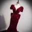 Sparkly Burgundy Sequins Evening Dresses  2021 Trumpet / Mermaid V-Neck Short Sleeve Backless Bow Floor-Length / Long Evening Party Formal Dresses