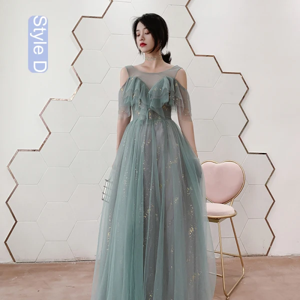 Glitter Grey Green A-Line Sequin Chiffon Long Bridesmaid Dress with Slit main image 1