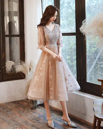 Charming Champagne Beading Sequins Homecoming Graduation Dresses Prom Dresses 2021 A-Line / Princess V-Neck Star Lace 1/2 Sleeves Floor-Length / Long Formal Dresses