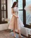 Charming Champagne Beading Sequins Homecoming Graduation Dresses Prom Dresses 2021 A-Line / Princess V-Neck Star Lace 1/2 Sleeves Floor-Length / Long Formal Dresses