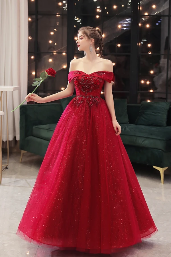 Chic / Belle Bordeaux Faux Diamant Paillettes Robe De Bal 2021 Robe Boule De l'épaule Appliques Manches Courtes Dos Nu Longue Promo Robe De Ceremonie