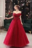 Chic / Belle Bordeaux Faux Diamant Paillettes Robe De Bal 2021 Robe Boule De l'épaule Appliques Manches Courtes Dos Nu Longue Promo Robe De Ceremonie