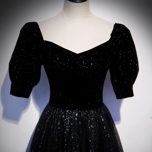 Bling Bling Sternenklarer Himmel Schwarz Star Pailletten Ballkleider 2021 A Linie Eckiger Ausschnitt Kurze Ärmel Rückenfreies Lange Ball Festliche Kleider