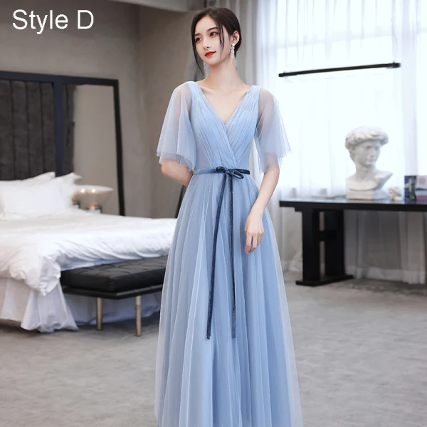 Modest / Simple Sky Blue Bow Sash Bridesmaid Dresses 2021 A-Line / Princess Short Sleeve Backless Floor-Length / Long Wedding Party Dresses