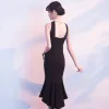 Chic / Beautiful Black Party Dresses 2018 Trumpet / Mermaid Halter Sleeveless Tea-length Ruffle Backless Formal Dresses