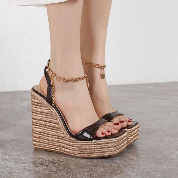Mode Meeresblau Strassenmode Flechten Sandalen Damen 2021 Knöchelriemen 15 cm Keilabsatz Plateau Peeptoes Sandaletten