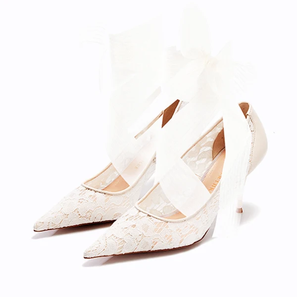Charming Ivory Lace Flower Wedding Shoes 2021 Leather 5 cm Stiletto Heels Pointed Toe Wedding High Heels Pumps