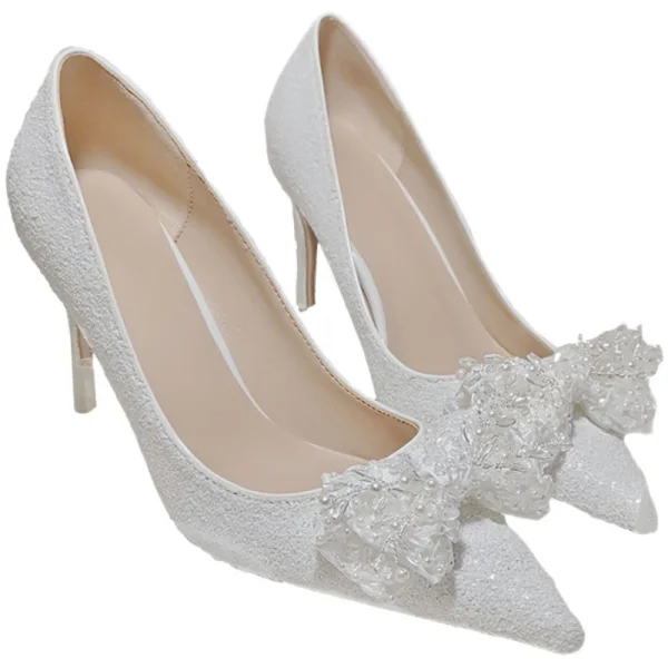 Charmant Ivoire Chaussure De Mariée 2021 Cuir Perle Faux Diamant Noeud 10 cm Talons Aiguilles À Bout Pointu Mariage Escarpins Talons Hauts
