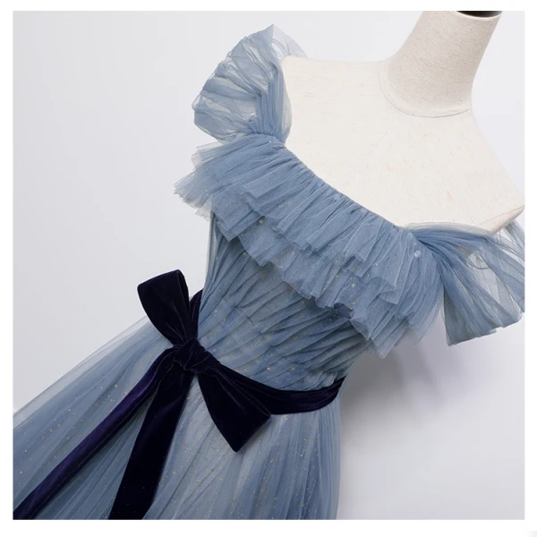 Fashion Sky Blue Glitter Prom Dresses 2021 A-Line / Princess Off-The-Shoulder Short Sleeve Backless Bow Floor-Length / Long Prom Formal Dresses