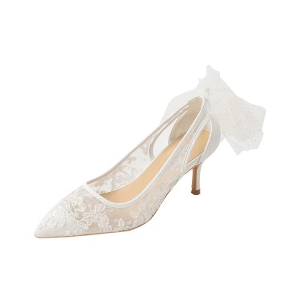 Charming White Lace Flower Wedding Shoes 2021 Bow 6 cm Stiletto Heels Pointed Toe Wedding Pumps High Heels