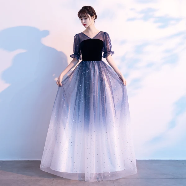 Chic / Beautiful Ocean Blue Star Sequins Prom Dresses 2021 A-Line / Princess V-Neck Suede 1/2 Sleeves Backless Floor-Length / Long Prom Formal Dresses