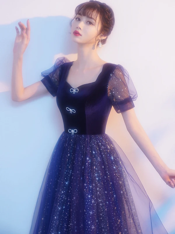 Bling Bling Bleu Roi Étoile Paillettes Faux Diamant Noeud Robe De Bal 2021 Princesse Encolure Carrée Manches Courtes Dos Nu Longue Promo Robe De Ceremonie