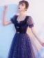 Bling Bling Bleu Roi Étoile Paillettes Faux Diamant Noeud Robe De Bal 2021 Princesse Encolure Carrée Manches Courtes Dos Nu Longue Promo Robe De Ceremonie