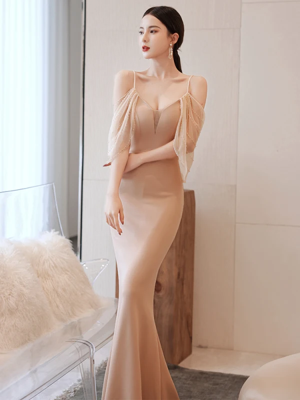 Charming Champagne Evening Dresses  2021 Trumpet / Mermaid Spaghetti Straps Beading Short Sleeve Backless Floor-Length / Long Evening Party Formal Dresses
