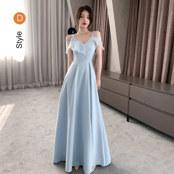 Modest / Simple Sky Blue Satin Bridesmaid Dresses 2021 A-Line / Princess Off-The-Shoulder Short Sleeve Backless Floor-Length / Long Bridesmaid Wedding Party Dresses