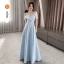 Modest / Simple Sky Blue Satin Bridesmaid Dresses 2021 A-Line / Princess Off-The-Shoulder Short Sleeve Backless Floor-Length / Long Bridesmaid Wedding Party Dresses