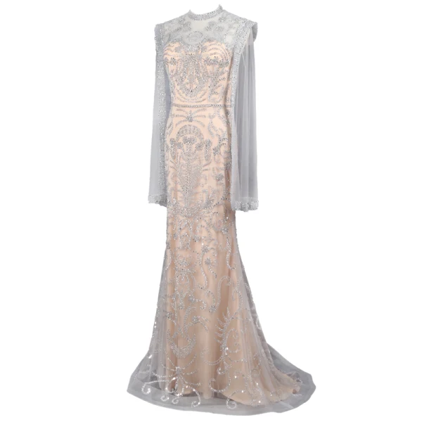Haut de Gamme Champagne Fait main Perlage Robe De Soirée 2021 Trompette / Sirène Col Haut Manches Longues Cristal Paillettes Longue Soirée Robe De Ceremonie