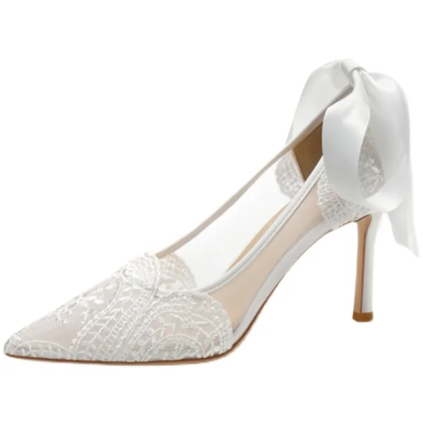 Fashion Ivory Lace Flower Bow Wedding Shoes 2021 Leather 8 cm Stiletto Heels Pointed Toe Wedding Pumps High Heels