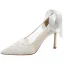 Fashion Ivory Lace Flower Bow Wedding Shoes 2021 Leather 8 cm Stiletto Heels Pointed Toe Wedding Pumps High Heels