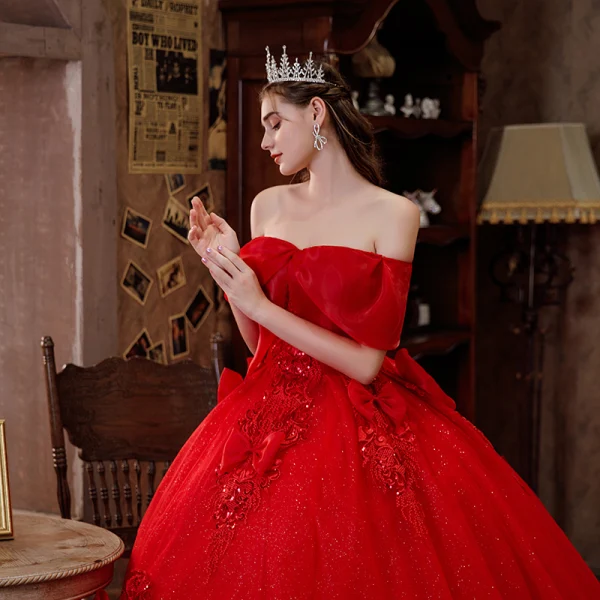 Modern / Fashion Red Sequins Lace Flower Wedding Dresses 2021 Ball Gown Off-The-Shoulder Bow Short Sleeve Backless Royal Train Wedding