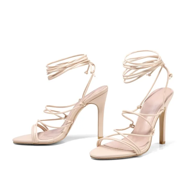 Sexy Roman Beige Evening Party Womens Sandals 2021 Ankle Strap 13 cm Stiletto Heels Open / Peep Toe Pumps High Heels