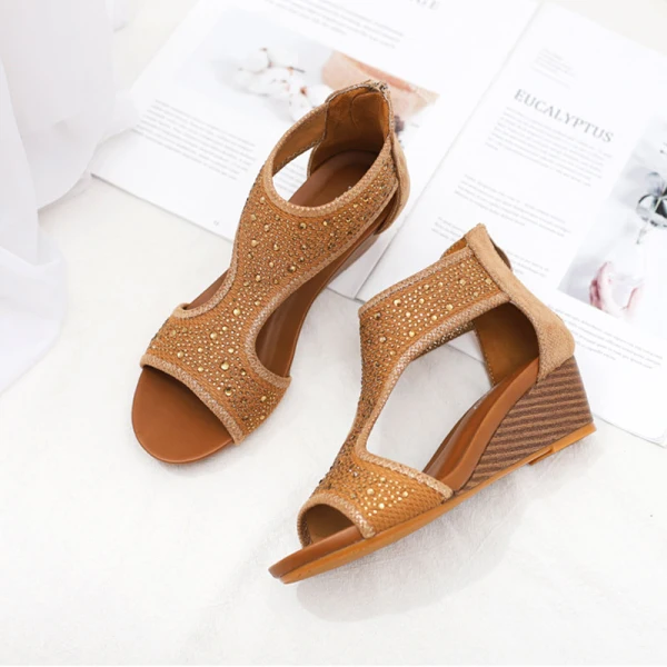 Böhmen Braun Strand Strass Sandalen Damen 2021 5 cm Keilabsatz Peeptoes Sandaletten