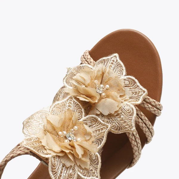 Roman Beige Lace Flower Beach Womens Sandals 2021 5 cm Wedges Open / Peep Toe Sandals High Heels