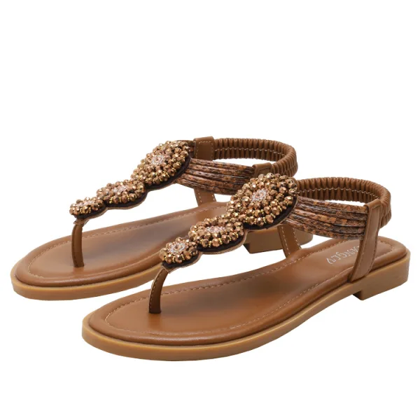 Bohême Été Noire Plage Plate Sandales Femme 2021 Faux Diamant T-Strap Peep Toes / Bout Ouvert Sandales