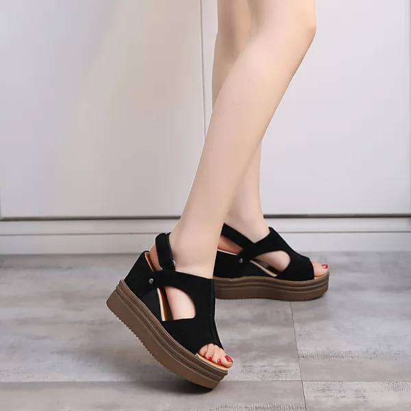 Chic / Beautiful Black Street Wear Suede Womens Sandals 2021 8 cm Wedges Waterproof Open / Peep Toe Sandals