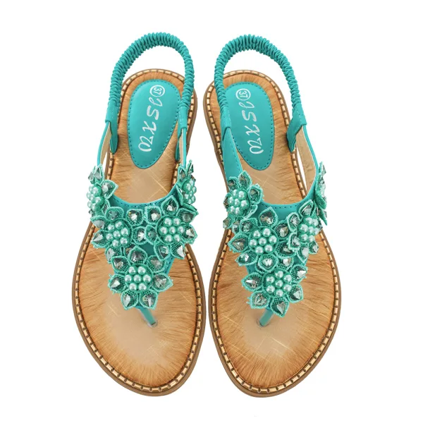 Bohemia Beige Street Wear Beach Flat Womens Sandals 2021 Pearl Rhinestone Lace Flower Open / Peep Toe Sandals