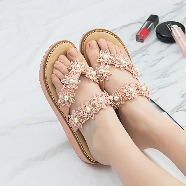 Bohemia Beige Summer Beach Flat Womens Sandals 2021 Pearl Rhinestone Lace Flower Open / Peep Toe Sandals