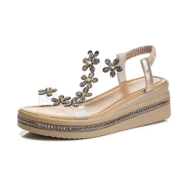 Fashion Gold Street Wear Rhinestone T-Strap Flat Womens Sandals 2021 Open / Peep Toe Sandals