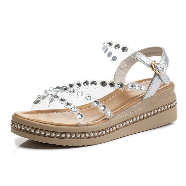 Sexy Gold Street Wear Summer Pearl Rhinestone Womens Sandals 2021 Open / Peep Toe Sandals