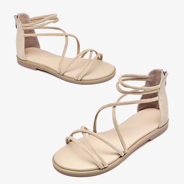 Römisch Schwarz Sommer Strand Freizeit Flache Sandalen Damen 2021 Leder X-Riemen Peeptoes Sandaletten