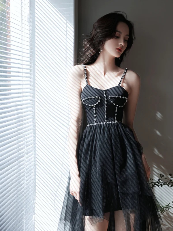 Sexy Black Rhinestone Short Cocktail Dresses Party Dresses 2021 A-Line / Princess Spaghetti Straps Sleeveless Backless Cocktail Party Formal Dresses